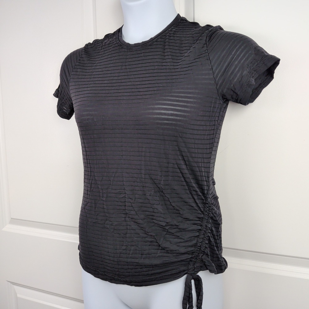 Z by Zella Women Black Burnout Stripe Ruched Side Cinch Shirt Small Yoga Pilate